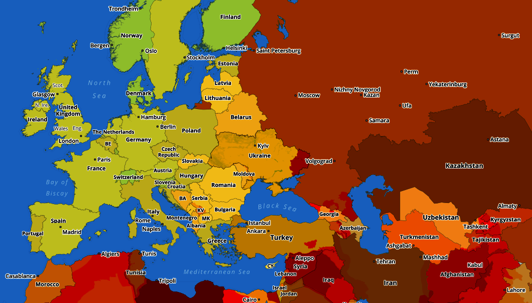 Карта уровней физических угроз и рисков по странам и регионам Европы